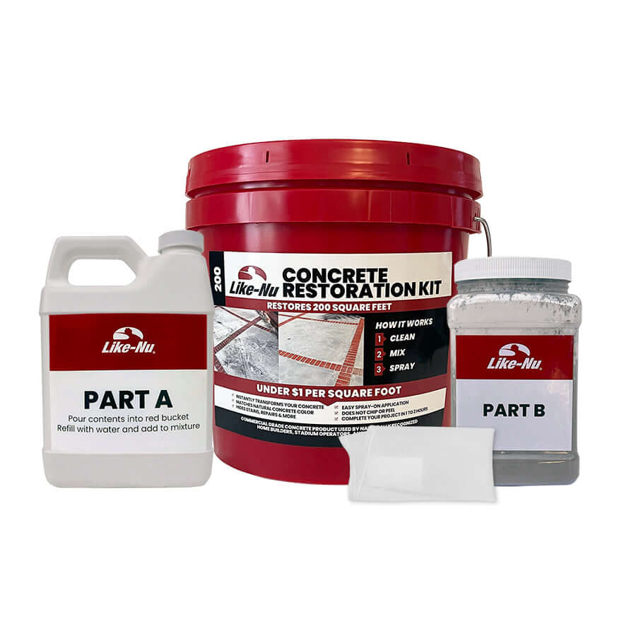 Like-Nu 200 Concrete Restoration Kit with instructions and components for easy concrete surface restoration.