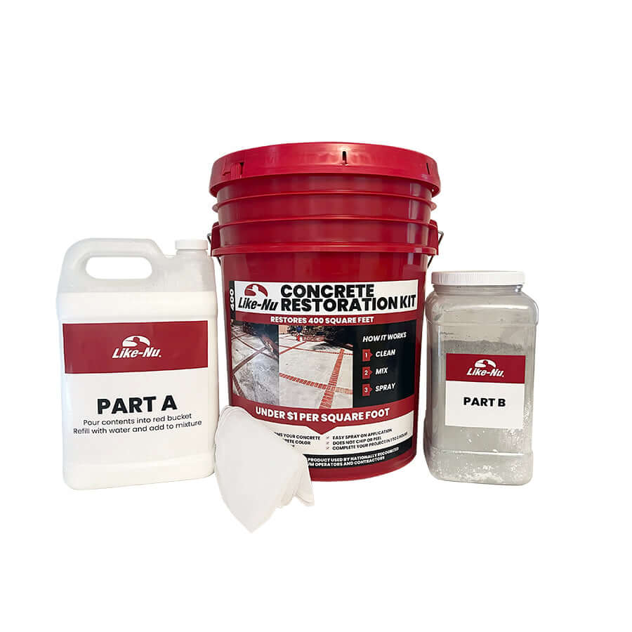Like-Nu Concrete restoration kit with Part A, Part B, and applicator for effective concrete mix solutions.
