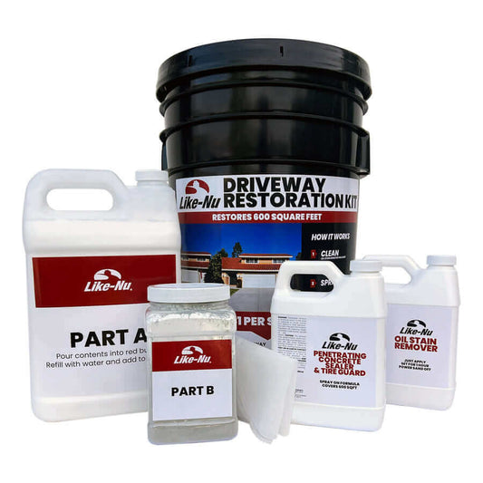 Like-Nu Concrete restoration kit including mix, cleaner, and stain remover for effective driveway restoration.