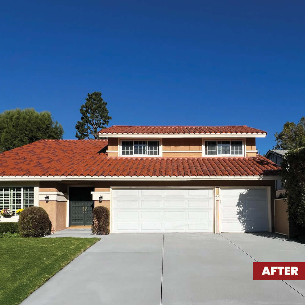 Transformed home exterior after applying Like-Nu Penetrating Concrete Sealer, showcasing pristine driveways and vibrant colors.