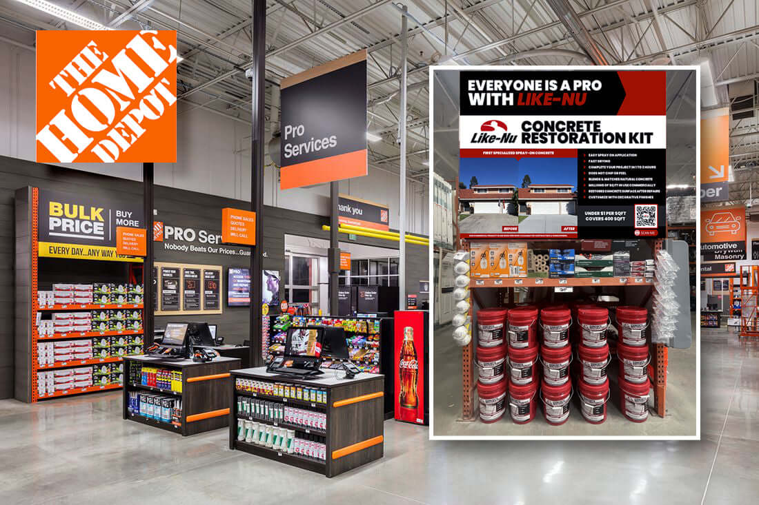 Home Depot interior showcasing Like-Nu Concrete restoration kit for DIY concrete mix projects.