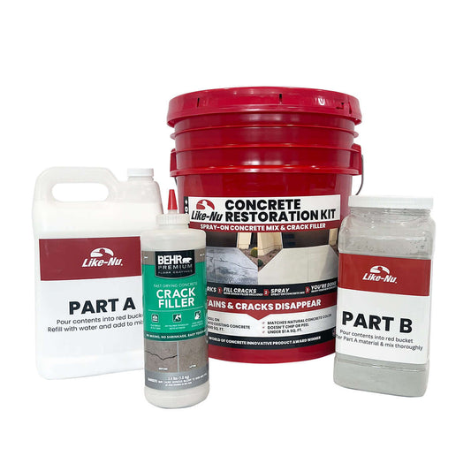 Like-Nu Concrete Restoration Kit including BEHR PREMIUM Crack Filler for effective concrete repair.