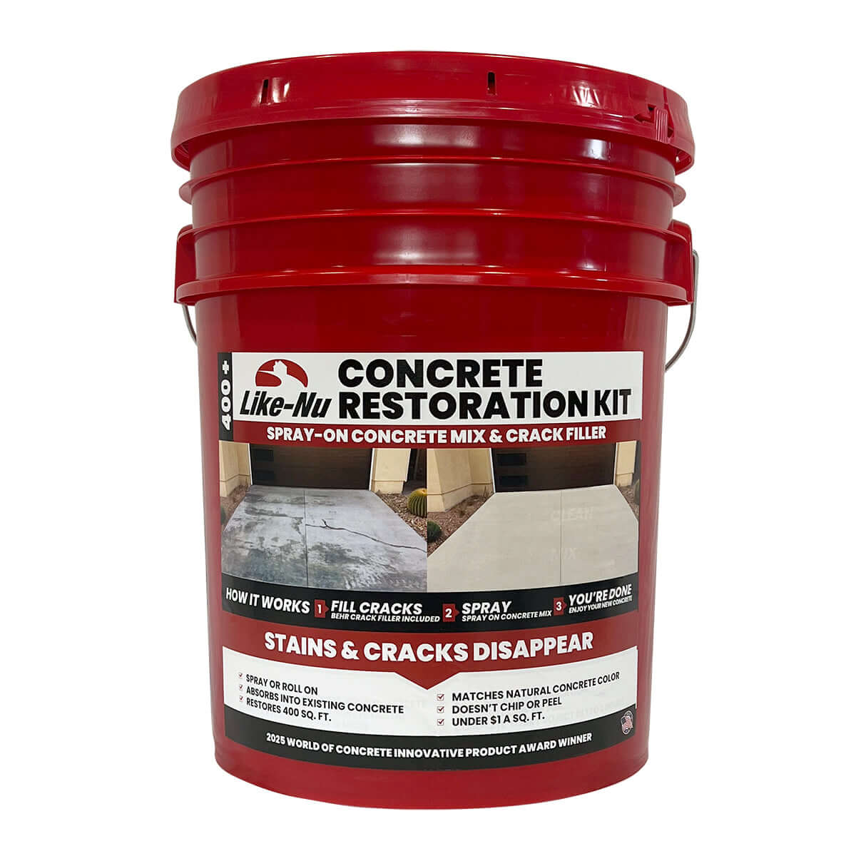 Like-Nu Concrete Restoration Kit with BEHR PREMIUM Crack Filler for repairing and restoring concrete surfaces.