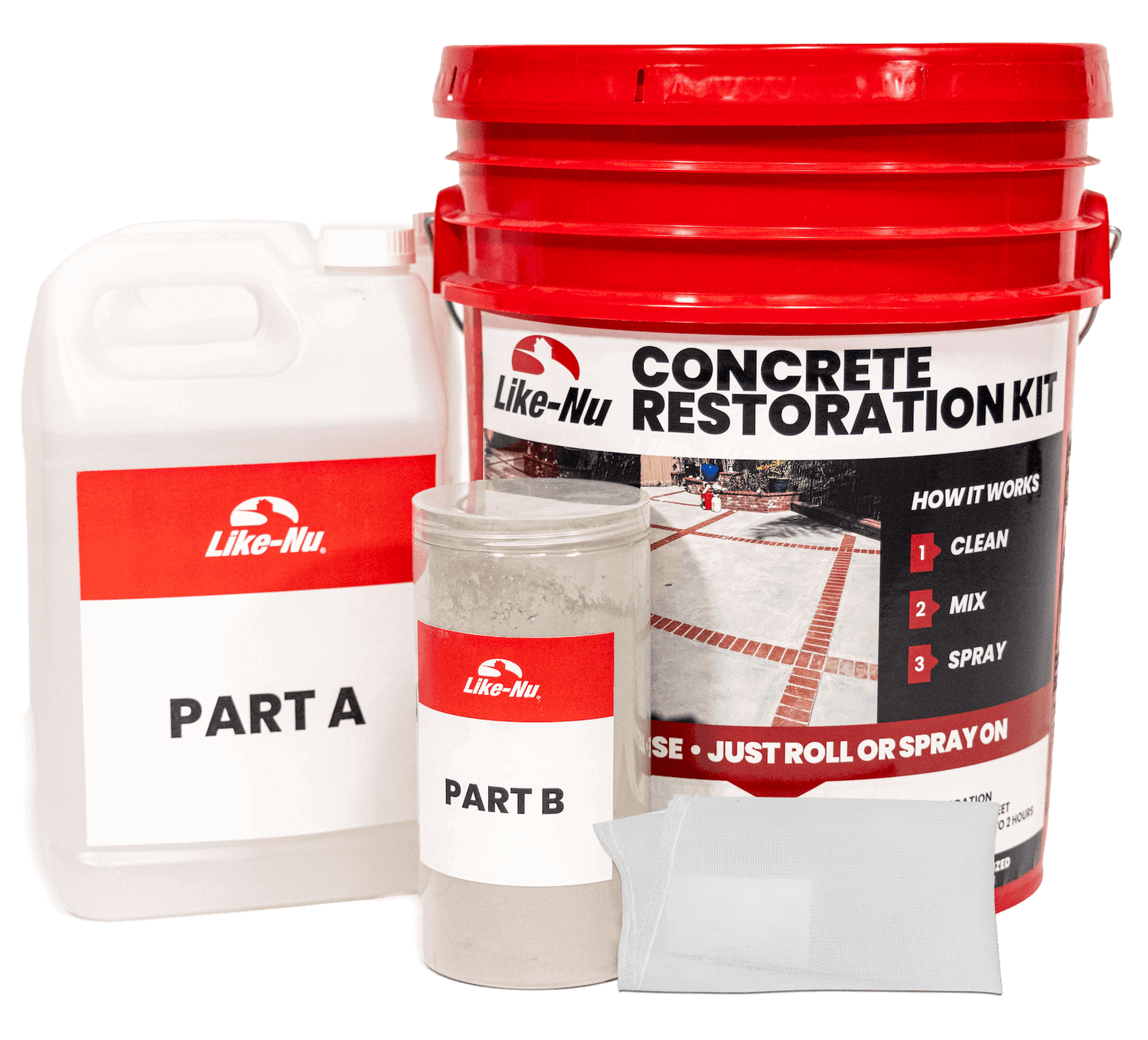 Like-Nu Concrete restoration kit with materials for concrete mix, including parts A and B for easy application.