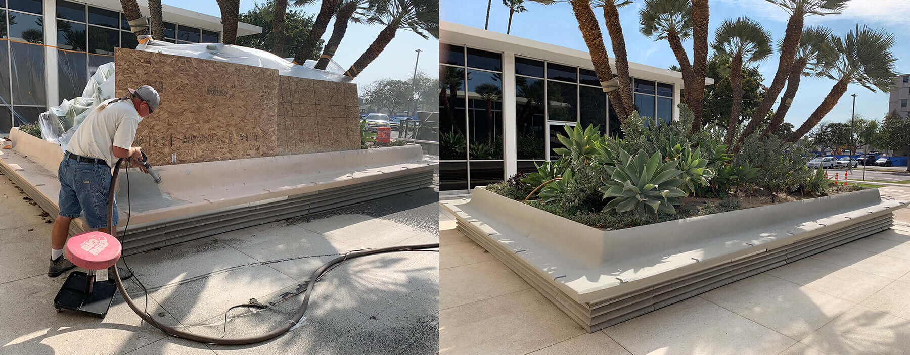 Like Nu Concrete Restoration Kit used for planter renovation with lush green plants in front of modern building.