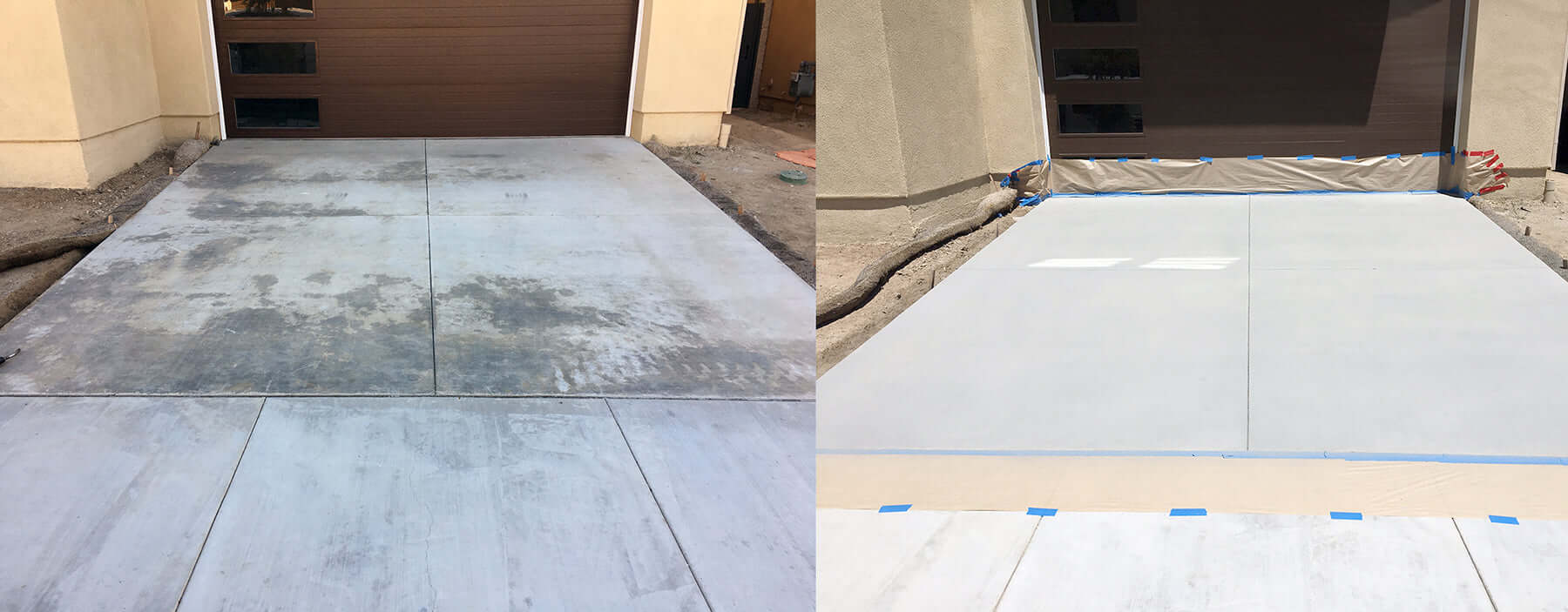 Before and after comparison of driveway using Like Nu Concrete Restoration Kit for surface improvement
