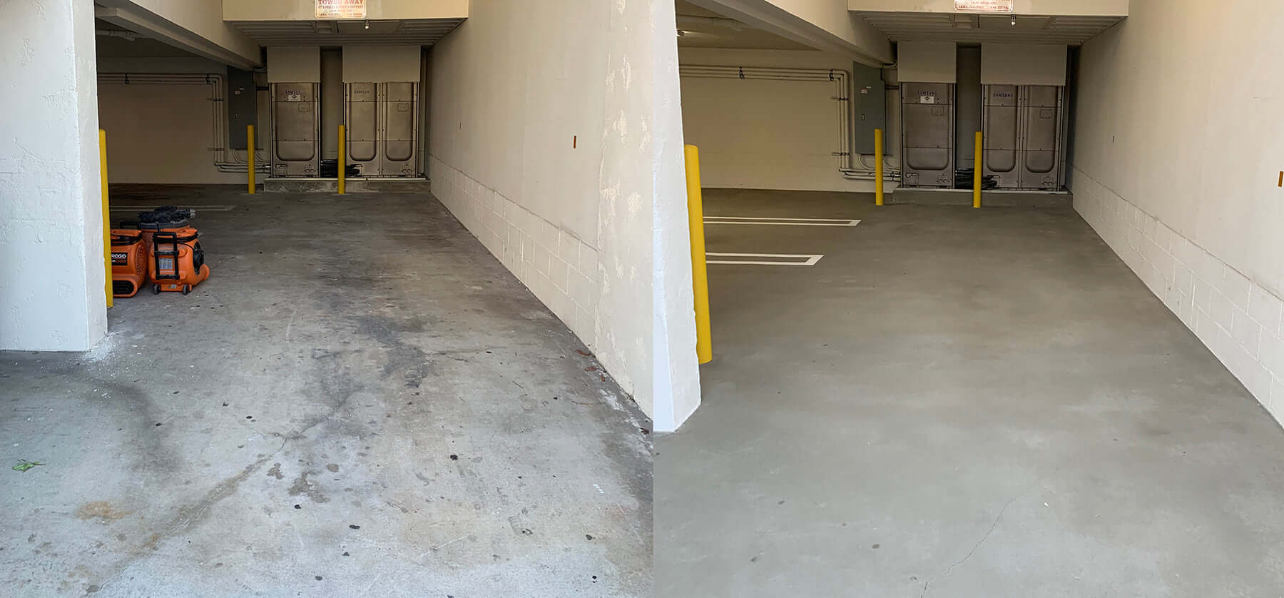 Before and after comparison of Like Nu Concrete Resurfacing in a garage with a newly applied smooth concrete finish nearby.