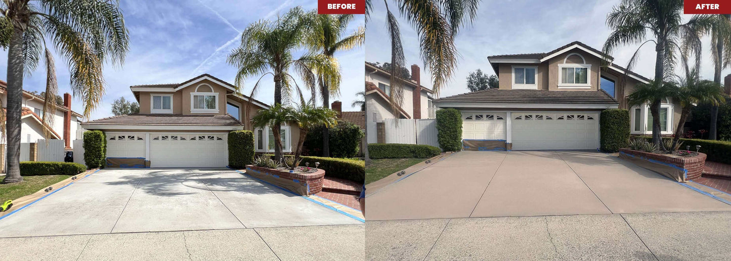 Before and after comparison of a driveway treated with Like-Nu Penetrating Concrete Sealer & Tire Guard.