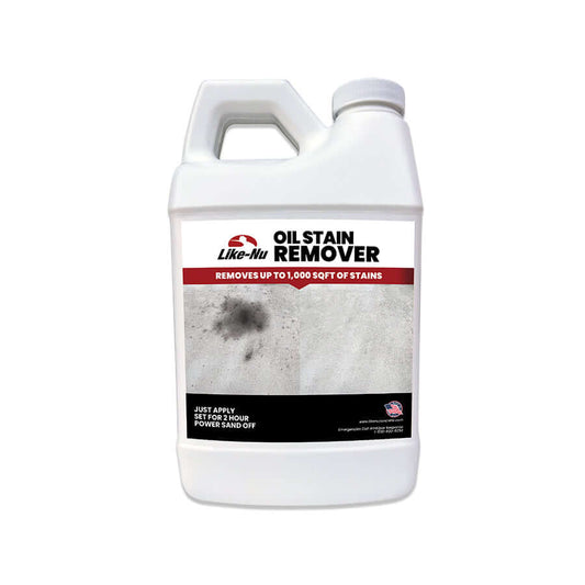 Like-Nu Oil Stain Remover bottle designed to remove oil stains from concrete surfaces effectively.