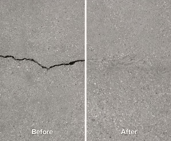 Before and after image showing concrete crack repair using Like-Nu Concrete Restoration Kit and BEHR PREMIUM Crack Filler.