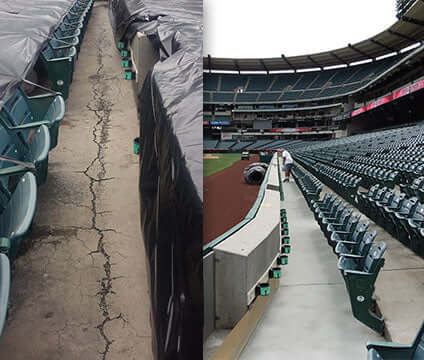 Before and after image of concrete resurfacing in a stadium, showcasing cracked concrete repair and revitalized seating area.
