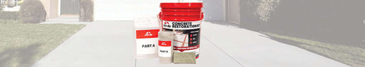Spray-on concrete restoration kit by Like-Nu Concrete, featuring bucket and application tools for concrete repair.