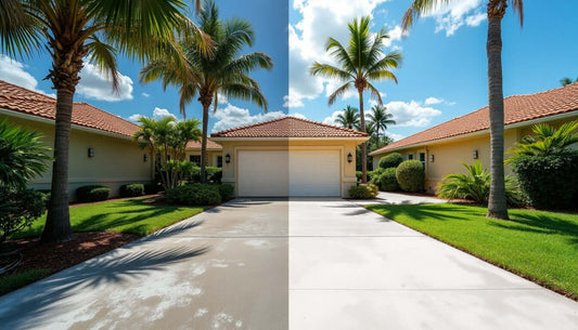 Before and after concrete restoration in Florida, showcasing clean driveways and lush landscaping.