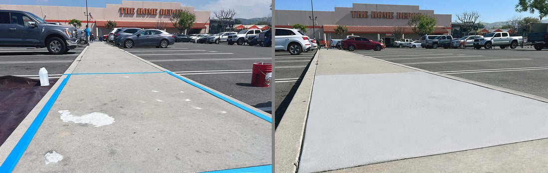 Before and after view of a concrete sidewalk renovation showcasing Like-Nu Mix in a Home Depot parking lot.