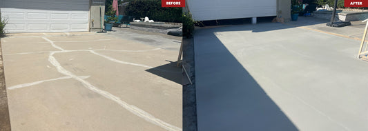 Concrete Resurfacing before and after images showing the transformation of a driveway surface.