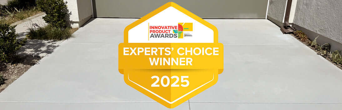 Like-Nu Concrete Experts' Choice Winner 2025 Innovative Product Award badge on a pristine concrete driveway.