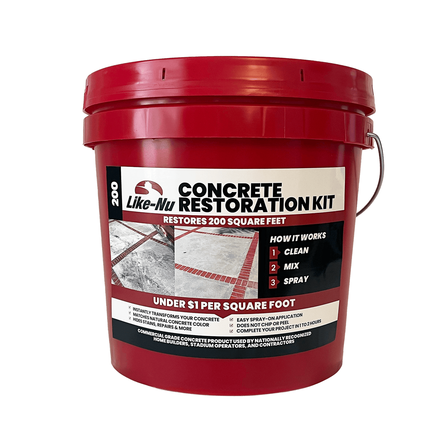 Like-Nu 200 Concrete Restoration Kit for restoring 200 sq. ft. of concrete surfaces with easy spray-on application.
