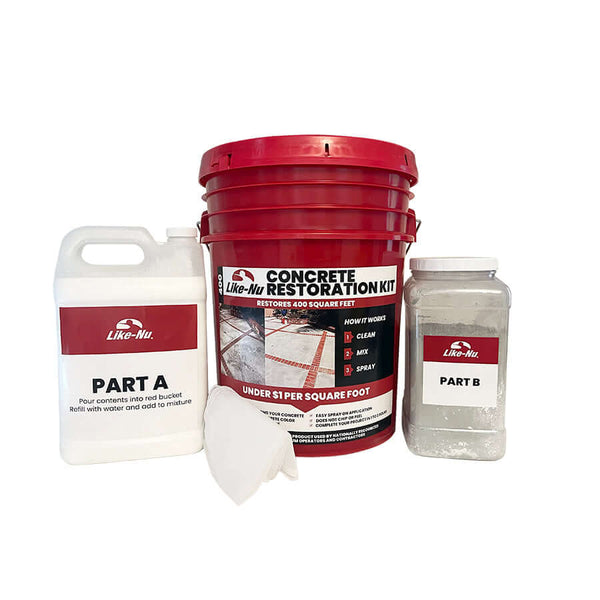Like-Nu Concrete restoration kit with Part A, Part B, and applicator for effective concrete mix solutions.