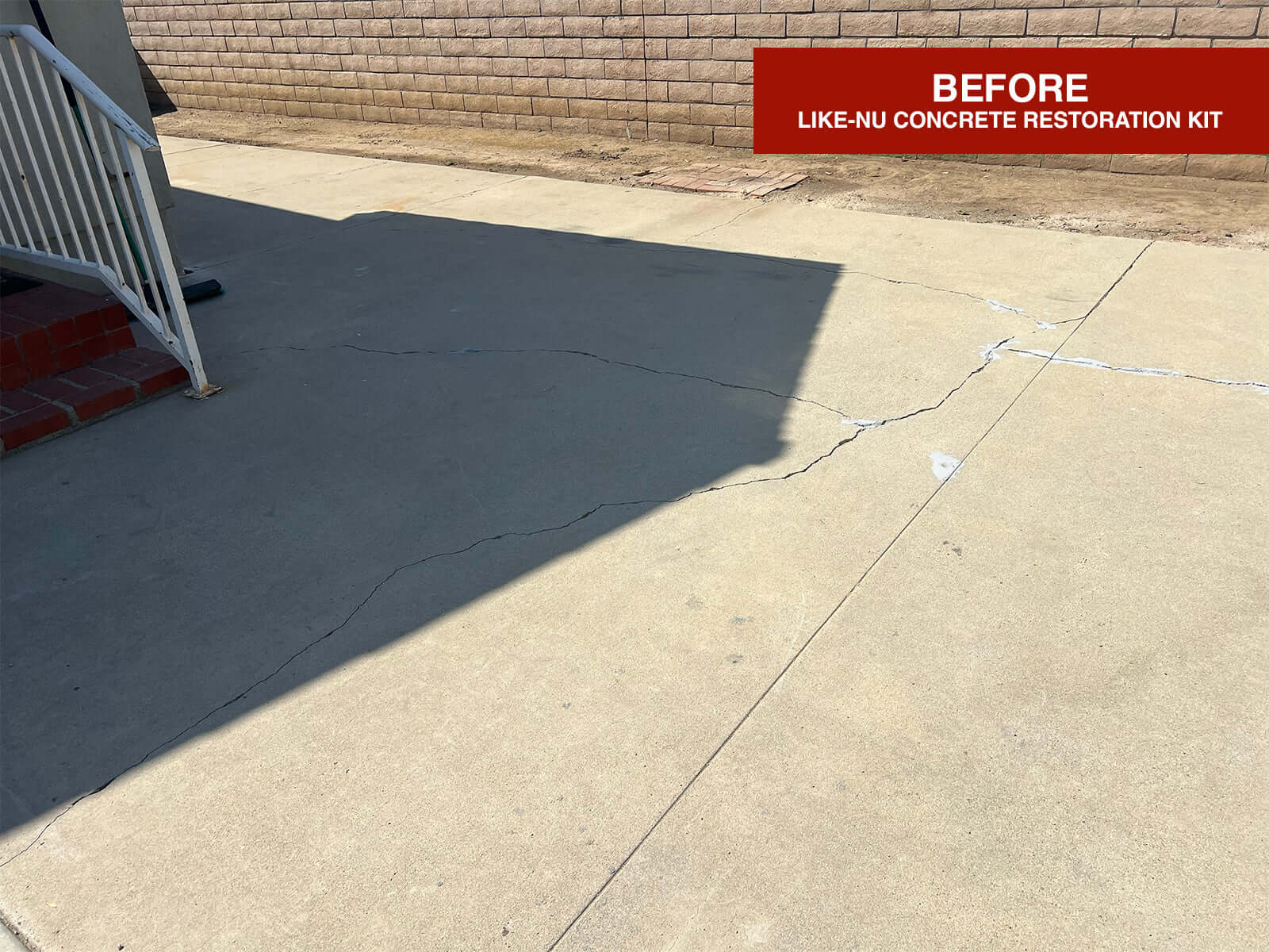 BEFORE image showing cracked concrete surface needing repair with Like-Nu Concrete Restoration Kit and BEHR PREMIUM Crack Filler.