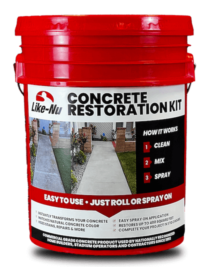 Red Like-Nu Concrete Restoration Kit bucket for DIY concrete resurfacing with easy roll or spray application instructions.