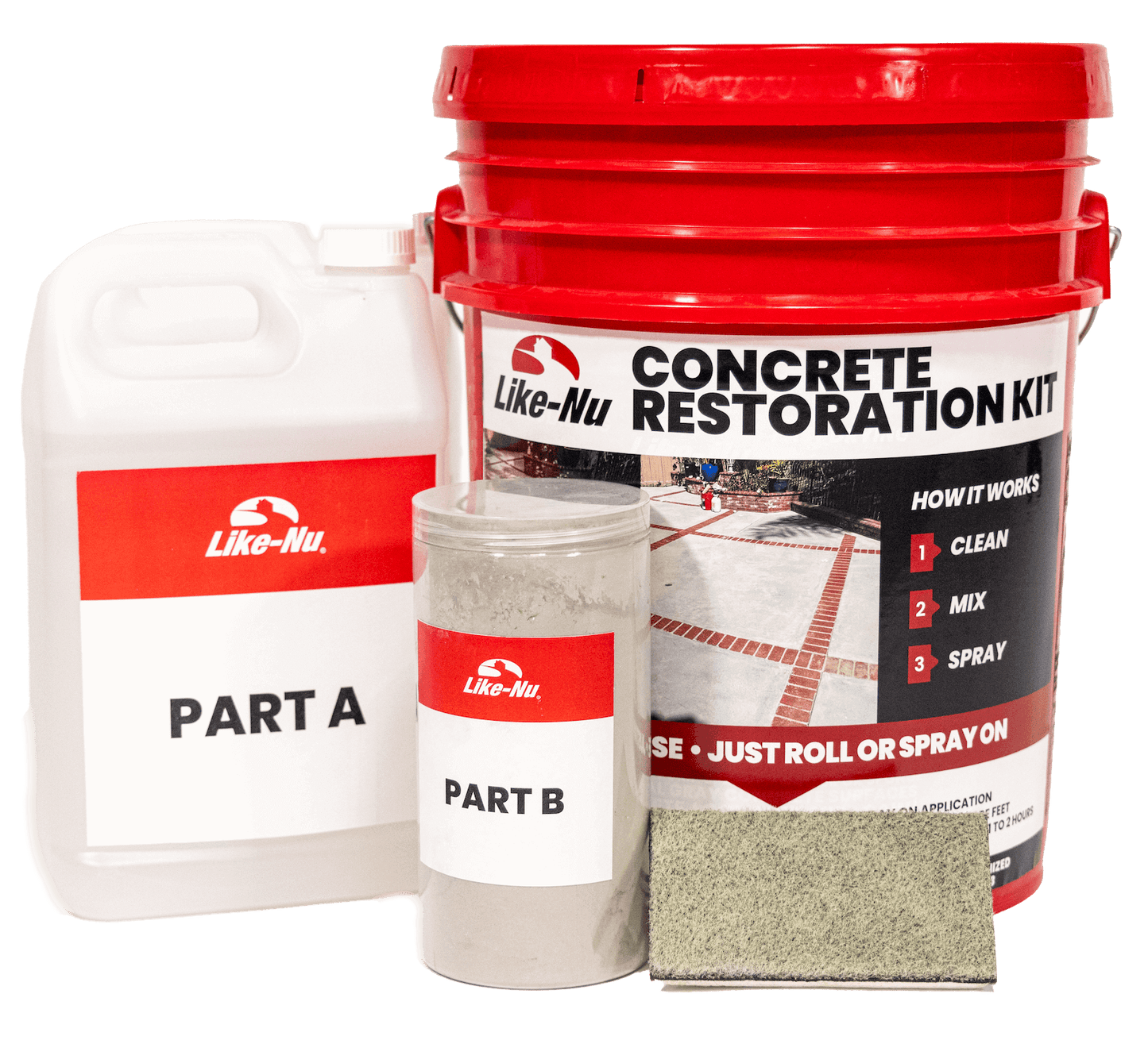 Like-Nu Concrete Restoration Kit for DIY concrete resurfacing - parts A and B kit showing cleaning, mixing, and spraying steps.