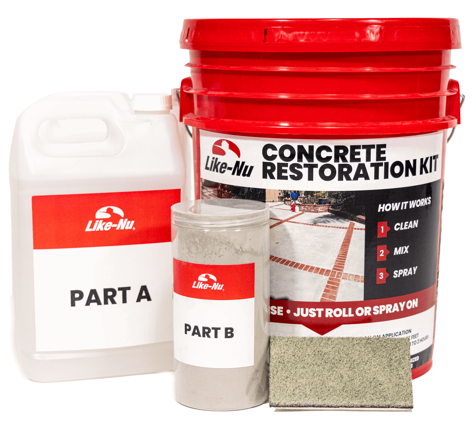 Like-Nu Concrete Restoration Kit for DIY concrete resurfacing - parts A and B kit showing cleaning, mixing, and spraying steps.
