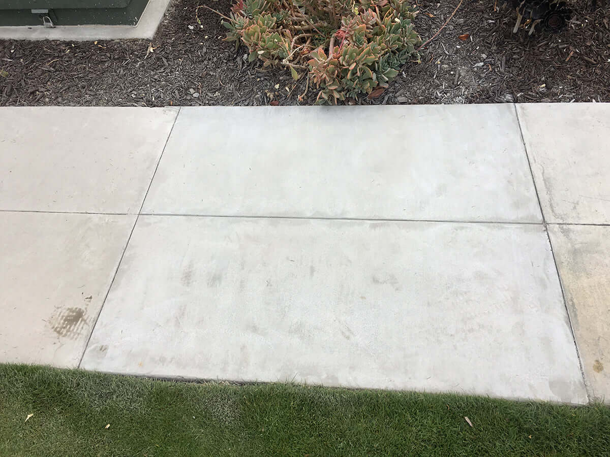 Restored concrete walkway surrounded by greenery and mulch beds, demonstrating a successful concrete restoration project.