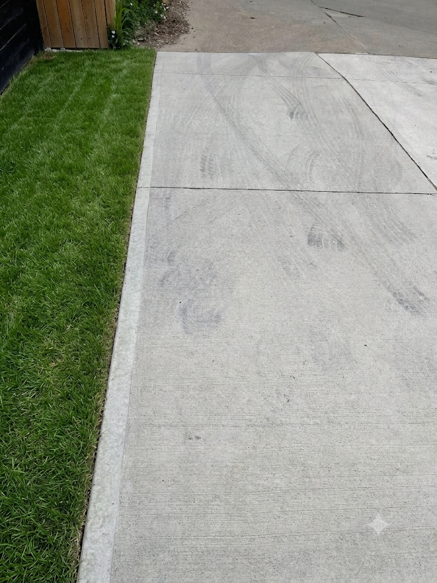 Oil-stained concrete driveway with tire marks before Like-Nu restoration