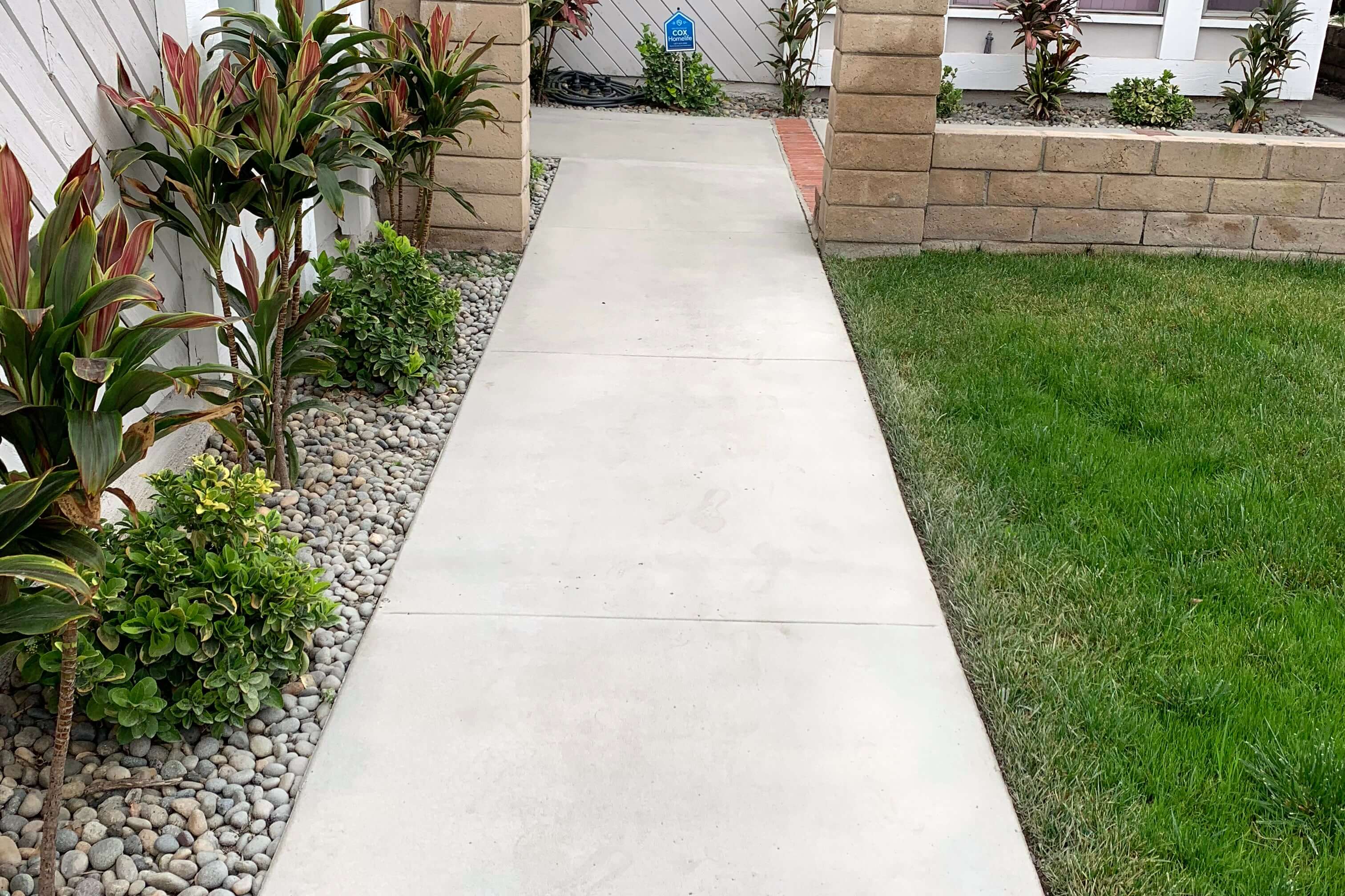 Freshly restored concrete pathway surrounded by landscaped garden and brick details in a front yard setting.