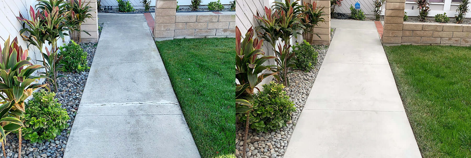 Before and after concrete restoration of a garden walkway showcasing improved appearance and quality.